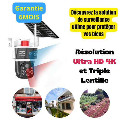 Caméra de Surveillance Solaire 4K à Trois Lentilles avec Garantie de 6 Mois